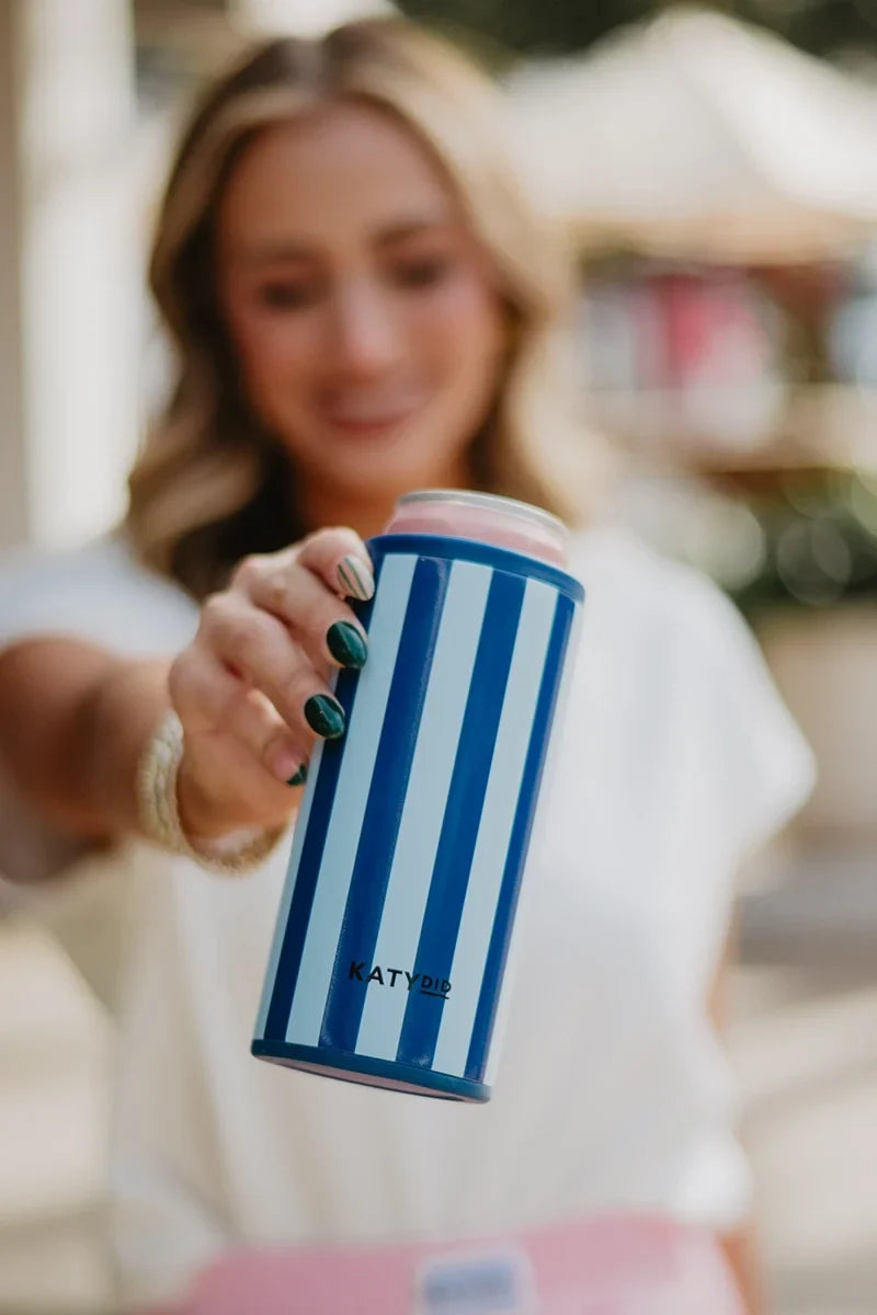 Light Blue and Navy Striped Tall Can Cooler