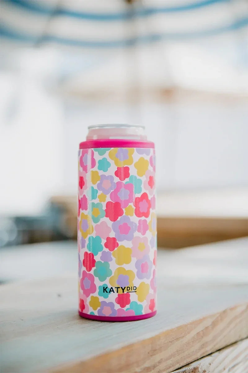 Groovy Multicolored Flowers Slim Can Koozie