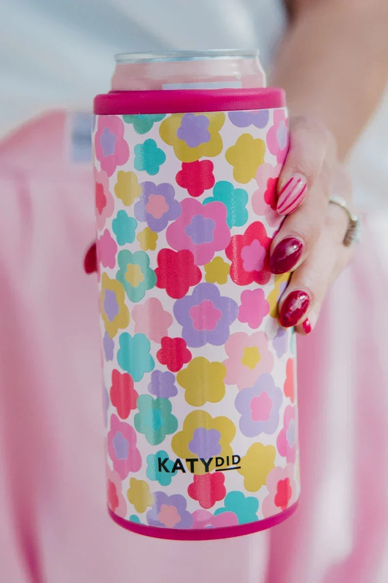 Groovy Multicolored Flowers Slim Can Koozie