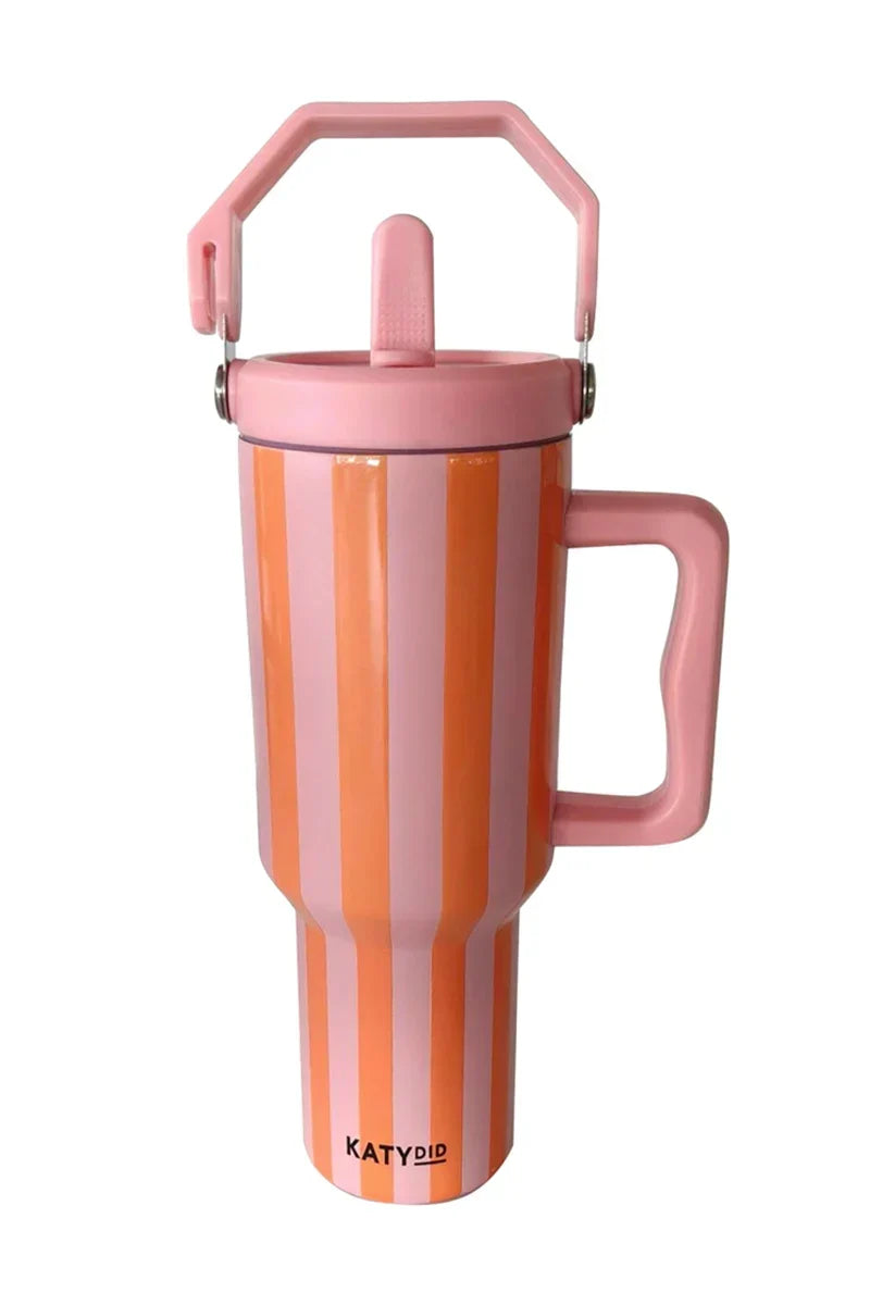Cabana 38 Oz Tumbler with Handle (Pink and Orange Striped)