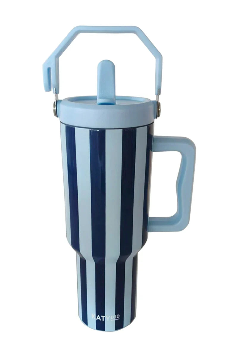 Light Blue and Navy Striped Tumbler With Handle