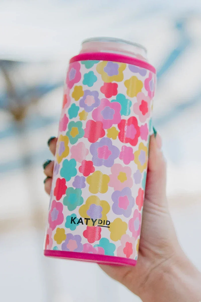 Groovy Multicolored Flowers Slim Can Koozie