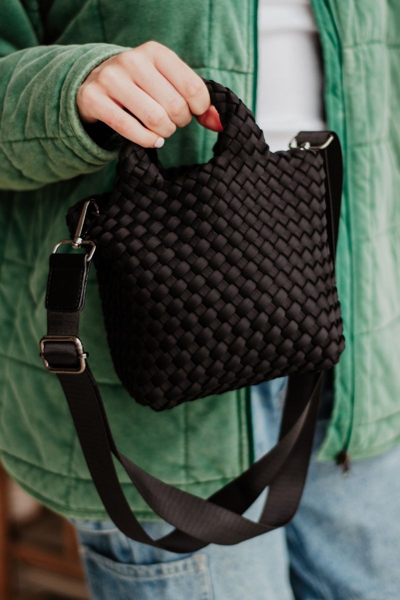 Black Woven Bucket Handbag