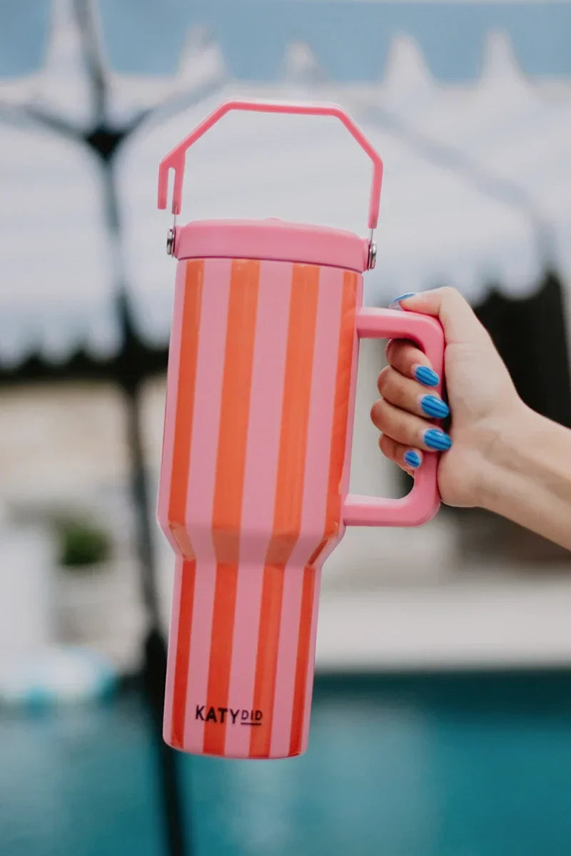 Cabana 38 Oz Tumbler with Handle (Pink and Orange Striped)